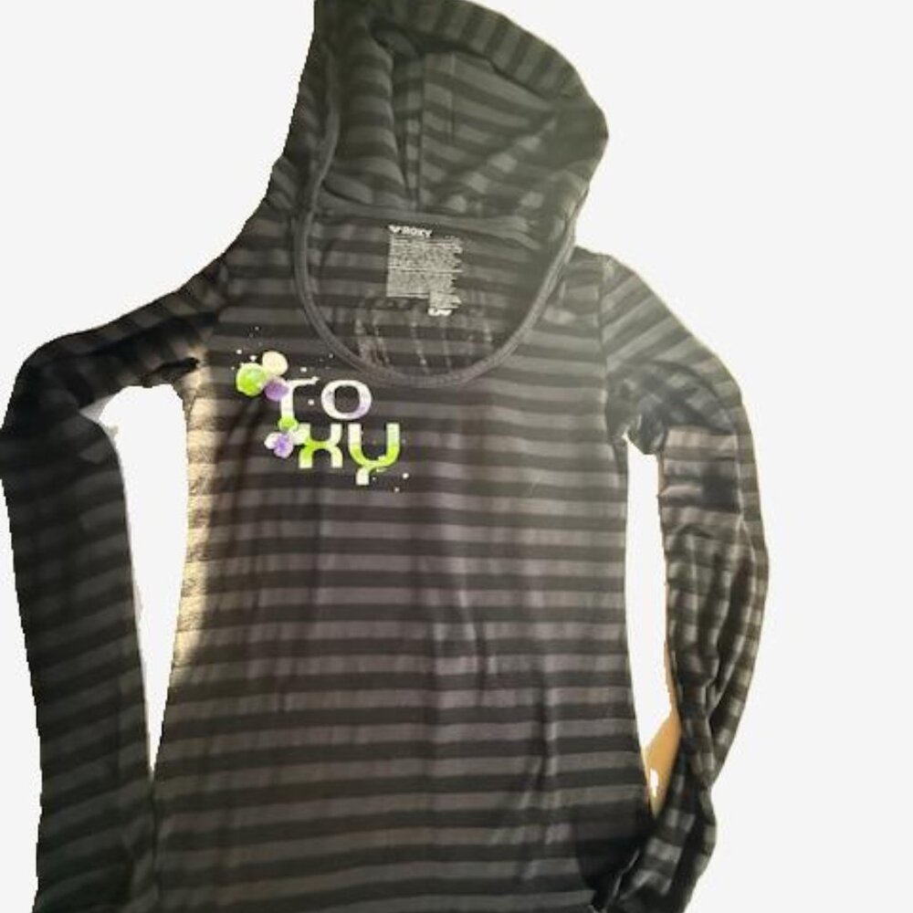 ROXY Black & Gray stripe Long Sleeve Hoodie WEARABLE ART Women’s Juniors Medium